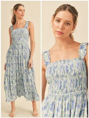 &merci Smocked Blue Green Watercolor Liza Dress, L